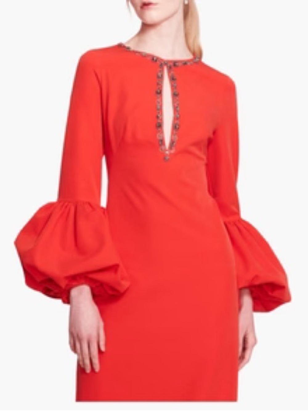 Marchesa Vibrant Red Long-Sleeve Keyhole Dress with Statement Puff Sleeves